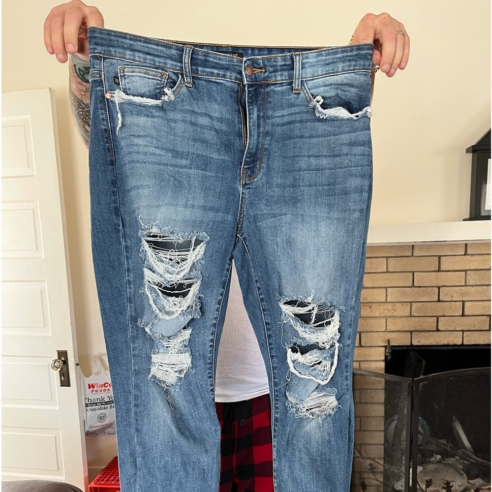 Just Blue, heavily distressed skinny fit jeans.